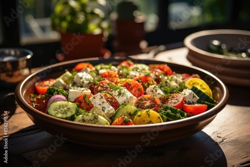 Fresh Greek salad with tomatoes, cucumber and feta., generative IA photo