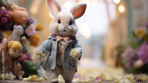 Cute and fluffy white bunny rabbit wearing a blue coat and pink bow tie standing on a table covered with yellow flower petals. photo