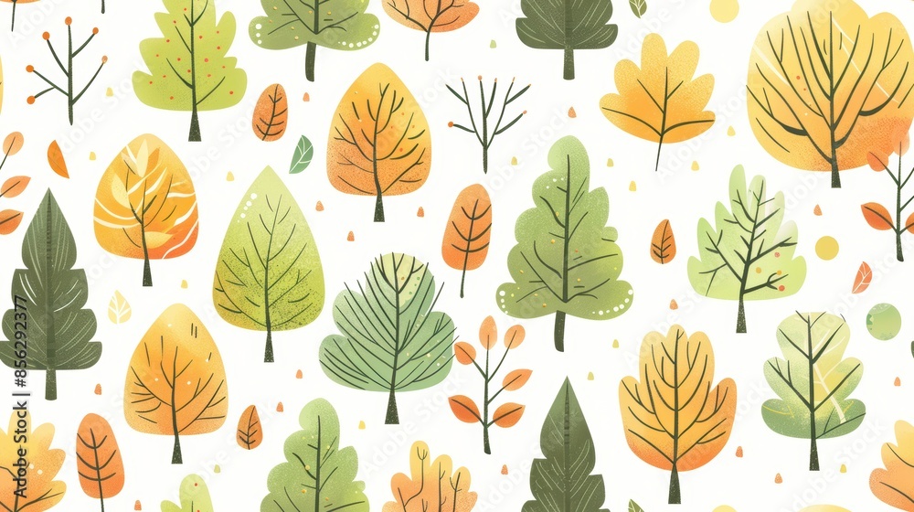 Obraz premium Illustration of various tree designs in autumn colors, forming a seamless pattern on a light background. Ideal for seasonal and nature-themed designs.