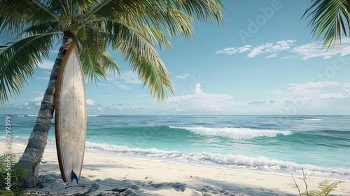 Surfboard: A surfboard leans against a palm tree, overlooking a pristine sandy beach and crystal-clear waves, in a tropical paradise where the sun always shines and the surf is always up photo