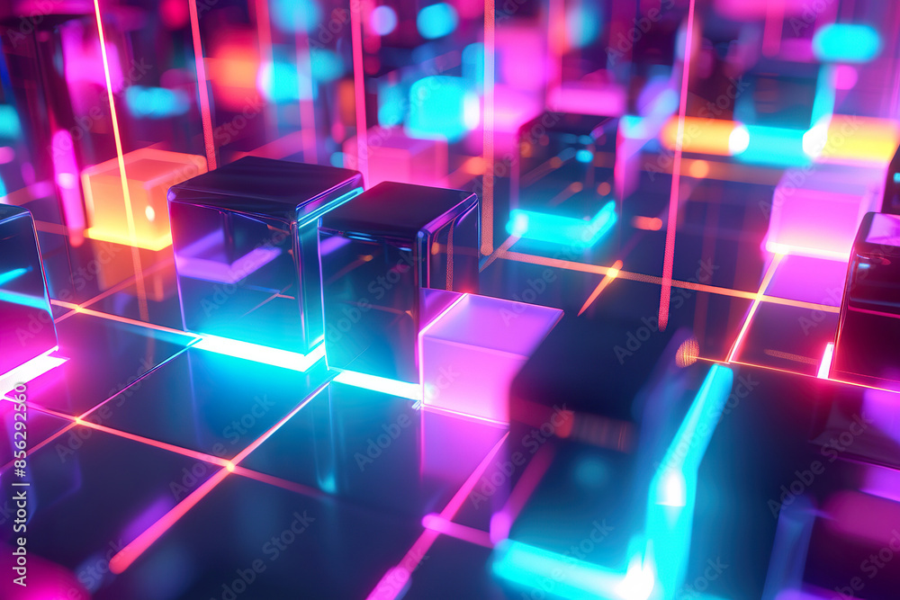 A room full of neon colored cubes A room full of neon colored cubes