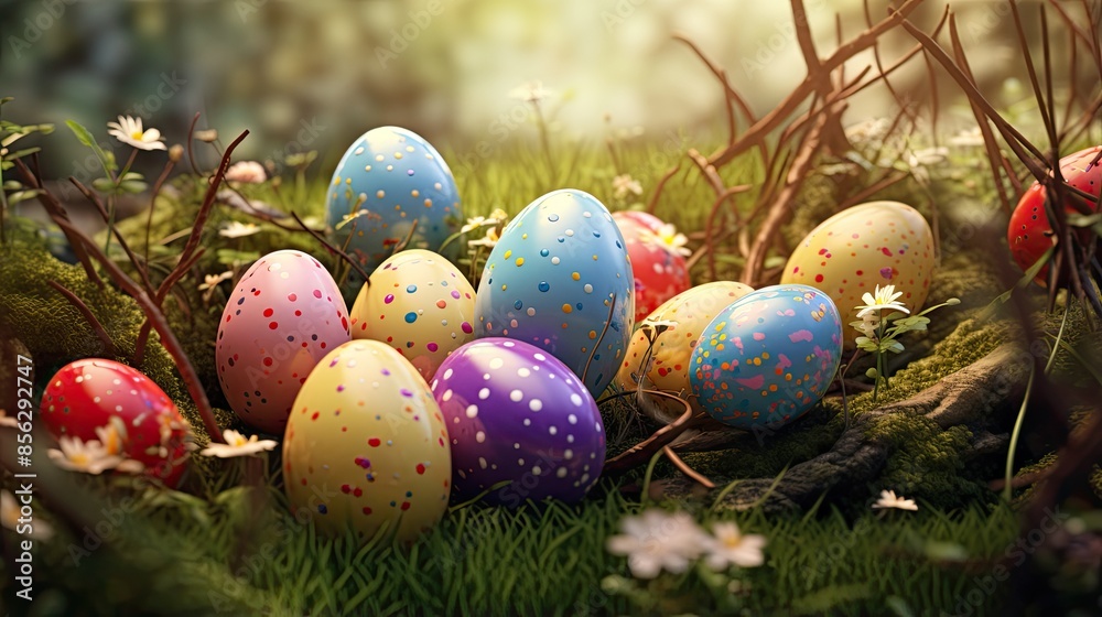 Colorful Easter eggs hidden in the soft green moss among the flowers and branches.