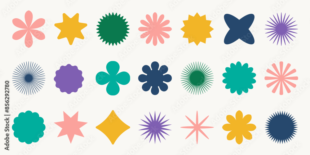 Big vector set of brutalist geometric shapes. Trendy abstract minimalist figures, stars, flowers, circles. Modern abstract graphic design elements Big vector set of brutalist geometric shapes. Trendy abstract minimalist figures, stars, flowers, circles. Modern abstract graphic design elements