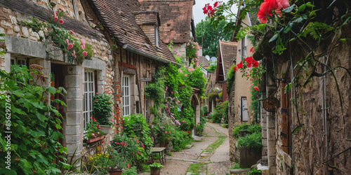 Fototapeta Naklejka Na Ścianę i Meble -  Picturesque stone houses and cobblestone street in gerberoy, france