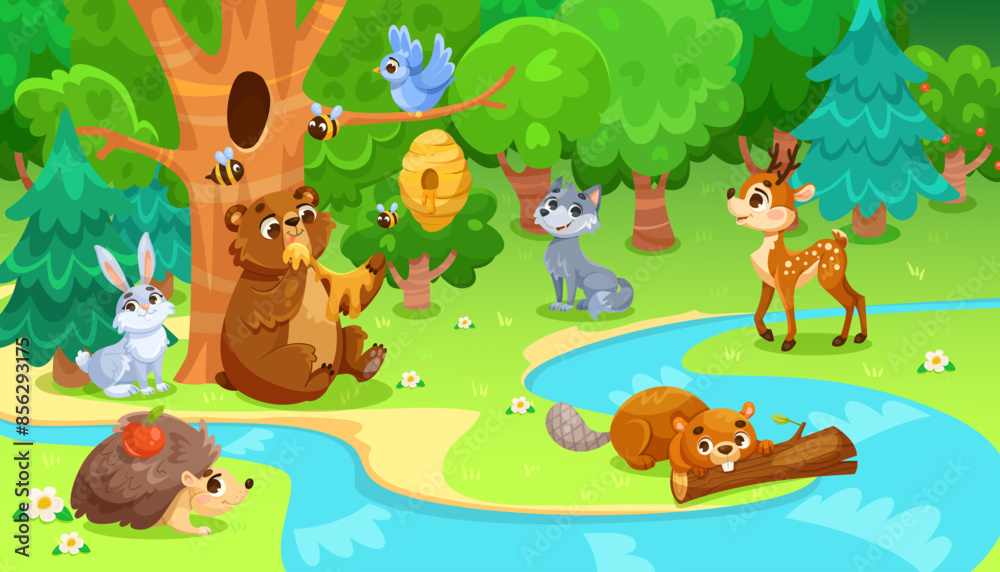 Naklejka premium Cartoon animals in the forest with trees, stream, and beehive, colorful illustration, nature scenery, wildlife concept. Vector illustration