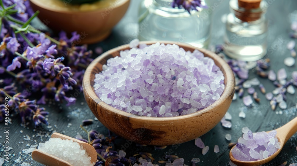 Set of spa products containing sea salt and lavender Set of spa products containing sea salt and lavender
