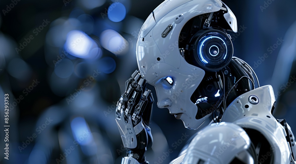 The robot thinks or analyzes. AI Assistant is deliberating on the best course of action. Background with copy space