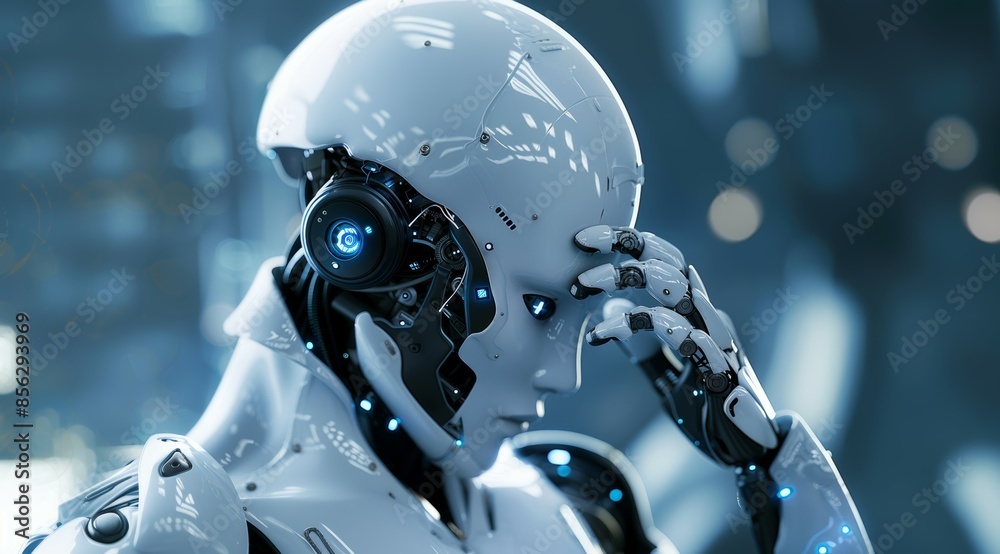 The robot thinks or analyzes. AI Assistant is deliberating on the best course of action. Background with copy space