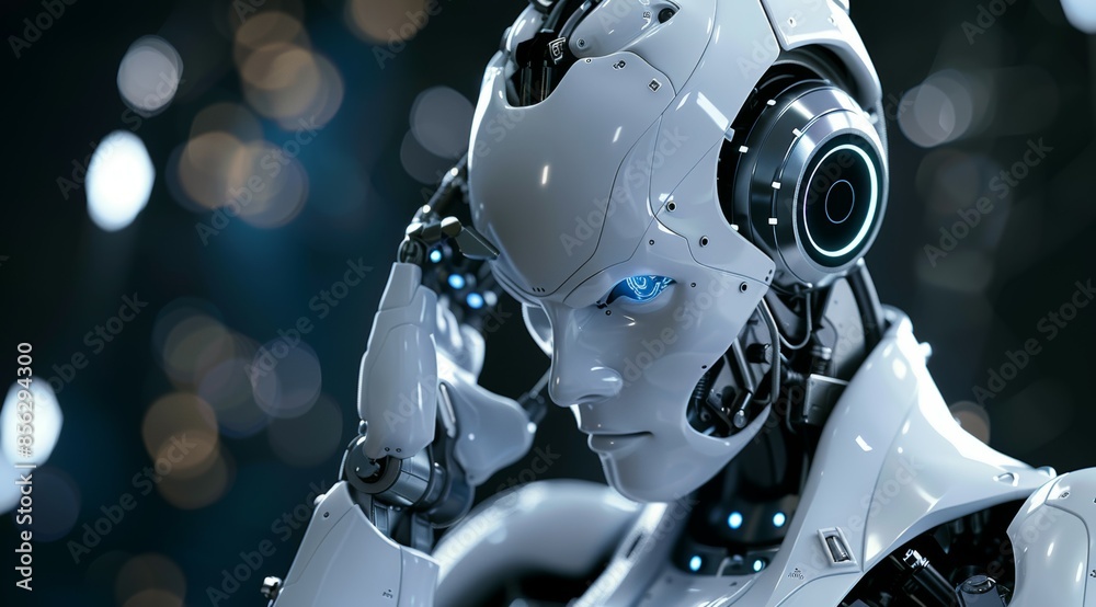The robot thinks or analyzes. AI Assistant is deliberating on the best course of action. Backdrop with copy space The robot thinks or analyzes. AI Assistant is deliberating on the best course of action. Backdrop with copy space