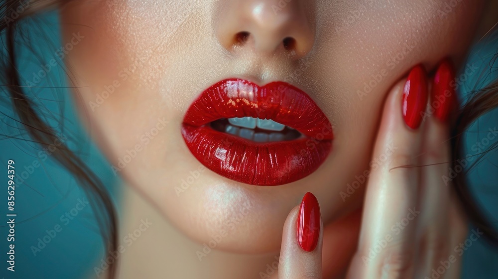 Naklejka premium Woman touching red lips with her fashion red nails manicure