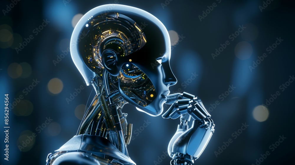 The robot thinks or analyzes. AI Assistant is deliberating on the best course of action. Background with copy space The robot thinks or analyzes. AI Assistant is deliberating on the best course of action. Background with copy space