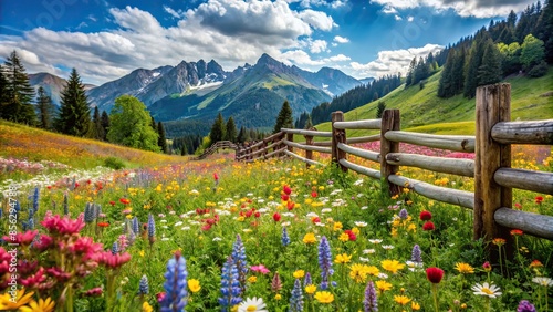 Idyllic alpine pasture with colorful wildflowers and rustic wooden fence, nature, landscape, mountains, meadow, scenic photo