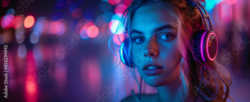 Portrait of a young blonde woman wearing headset. 