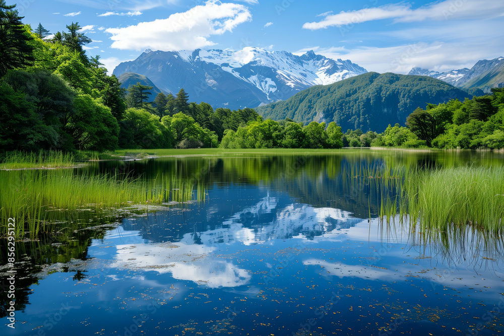 Serene Alpine Landscape with Calm Reflective Lake, Lush Forest, Snow-Capped Mountains and Clear Blue Sky Serene Alpine Landscape with Calm Reflective Lake, Lush Forest, Snow-Capped Mountains and Clear Blue Sky