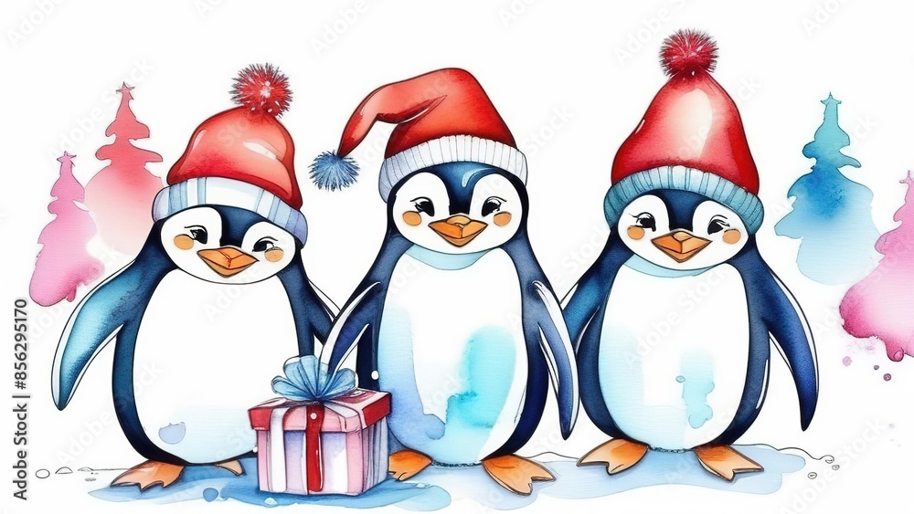 Cute watercolor penguins in red hats. A funny card with penguins for Christmas or New Year. Cute watercolor penguins in red hats. A funny card with penguins for Christmas or New Year.