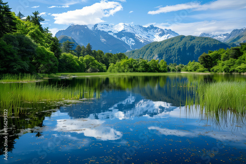 Serene Alpine Landscape with Calm Reflective Lake, Lush Forest, Snow-Capped Mountains and Clear Blue Sky