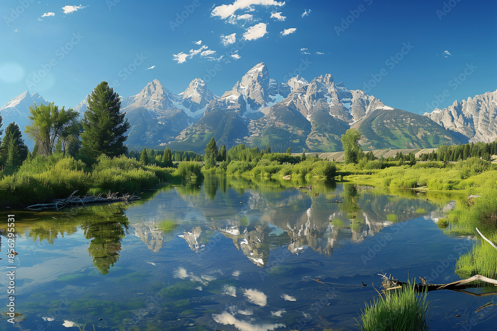 Fototapeta premium A Panoramic Landscape Depicting the Majestic Tetons Reflected in a Tranquil River, Surrounded by Lush Greenery Under a Clear Blue Sky