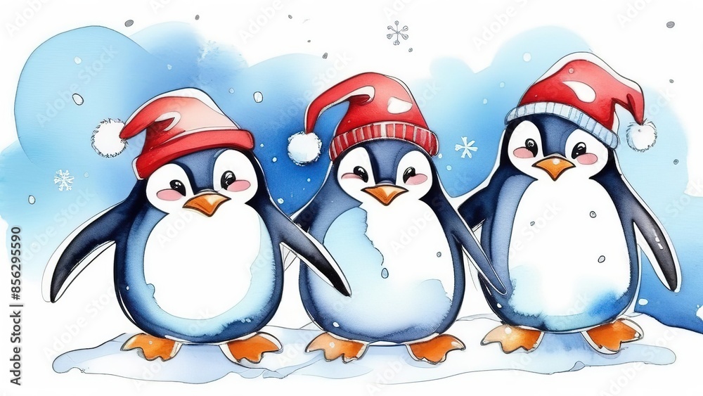 Fototapeta premium Cute watercolor penguins in red hats. A funny card with penguins for Christmas or New Year.