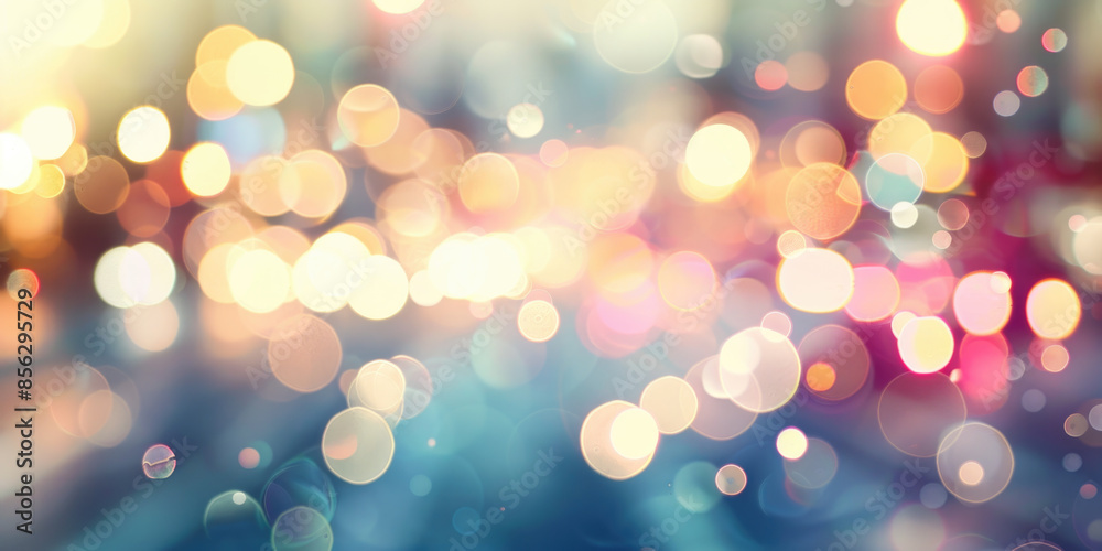 Obraz premium Abstract defocused background with bokeh lights and shadow from cityscape at night in soft blue, pink and yellow colour