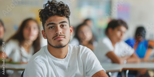 Hispanic teenager student sitting in a classroom
