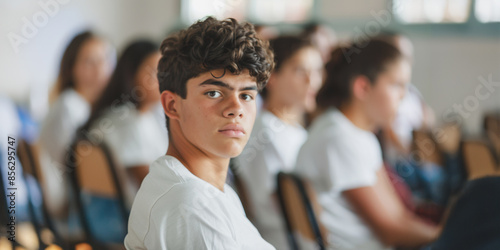 Hispanic teenager student sitting in a classroom chair