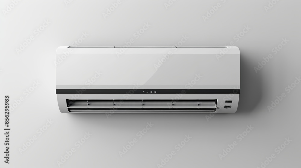 A modern air conditioner mounted on a white wall. A modern air conditioner mounted on a white wall.