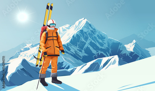 Illustration of a skier in bright orange gear standing atop a snowy peak with mountains in the background, concept of winter sports. Vector illustration