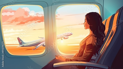 A young woman is sitting in an airplane, looking out the window at the sunset. She is wearing a brown sweater and has her hair in a ponytail. photo