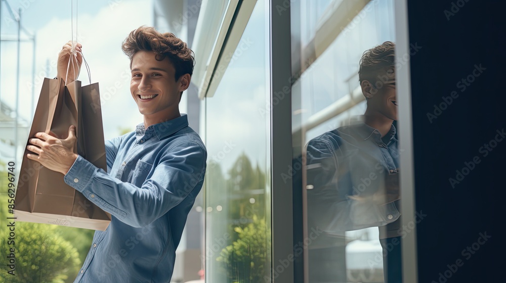 Fototapeta premium This is a photo of a young man holding a shopping bag. He is standing in front of a window and smiling. He is wearing a blue shirt and jeans.