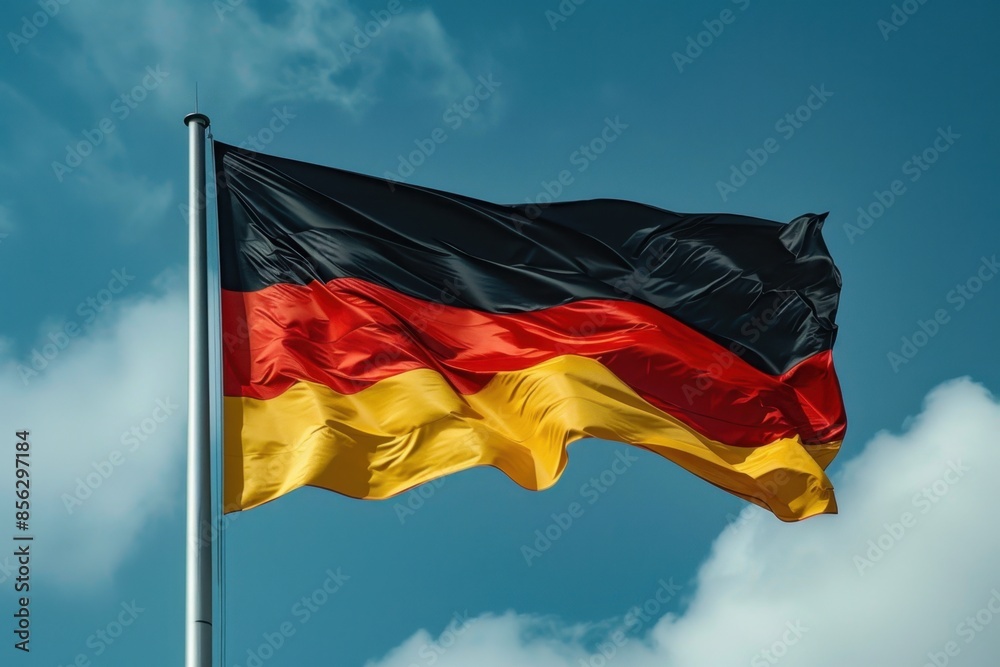 German flag with black, red and yellow colors flying in the wind on a blue sky background Generative AI German flag with black, red and yellow colors flying in the wind on a blue sky background Generative AI