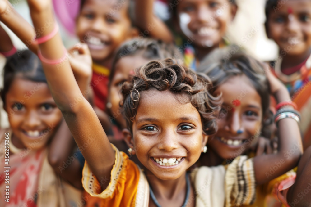 Obraz premium Group of diverse, cheerful multi-ethnic children from India smiling and looking at the camera outdoors