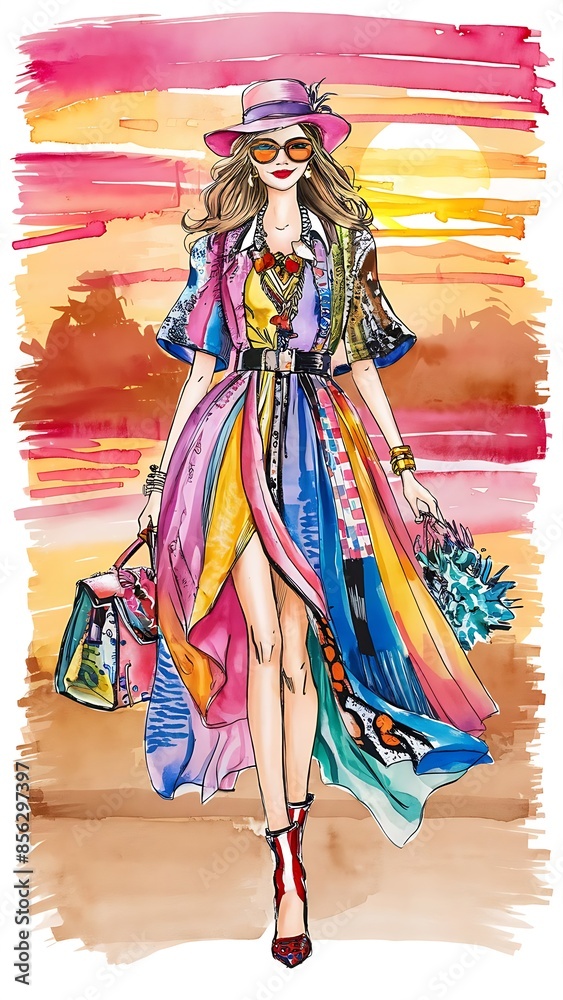 Naklejka premium Colorful Watercolor Fashion Girl Line Art