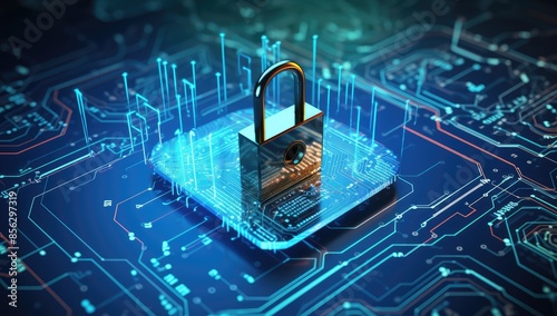 Cyber security concept with padlock on circuit board 3D rendering