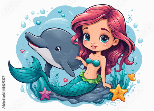 Vector drawing for children t-shirt.  Cartoon little mermaid with dolphin and starfish, heart at bottom of ocean under water on white background. Design for textile, paper, fabric, clothing for kids.