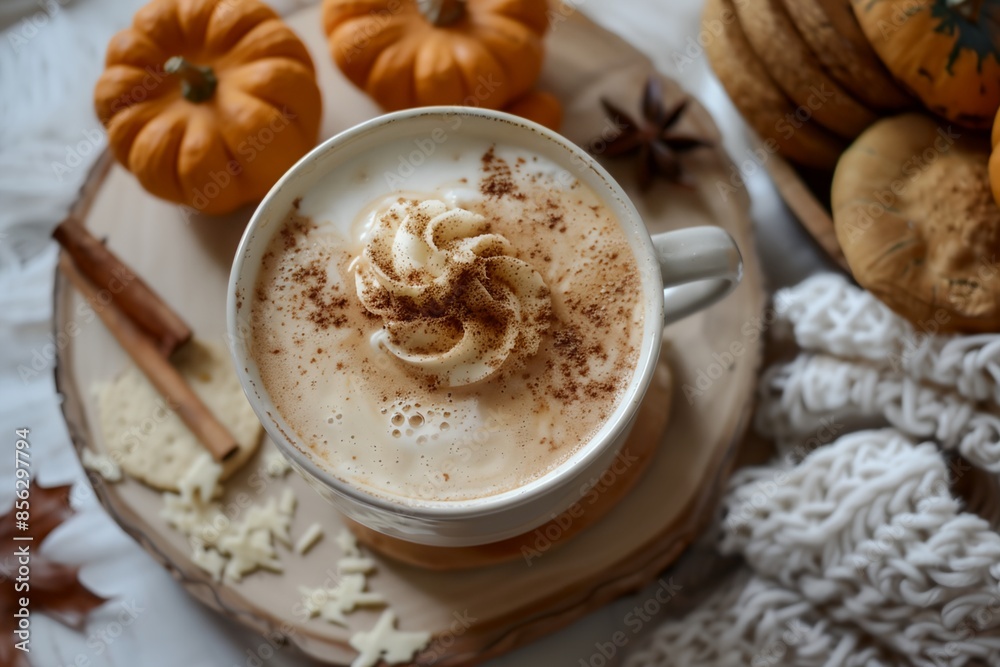 A white coffee cup with whipped cream and cinnamon on top sits on a wooden table. The table is covered with a blanket and a plate of cookies. The scene conveys a cozy and comforting atmosphere A white coffee cup with whipped cream and cinnamon on top sits on a wooden table. The table is covered with a blanket and a plate of cookies. The scene conveys a cozy and comforting atmosphere