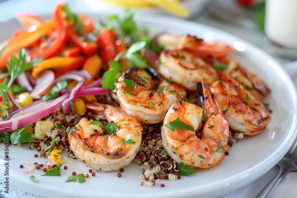 A beautifully arranged plate of grilled shrimp with a side of quinoa and vegetables A beautifully arranged plate of grilled shrimp with a side of quinoa and vegetables