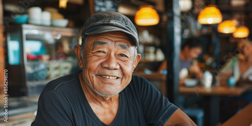 Smiling asian man wearing a cap in a restaurant