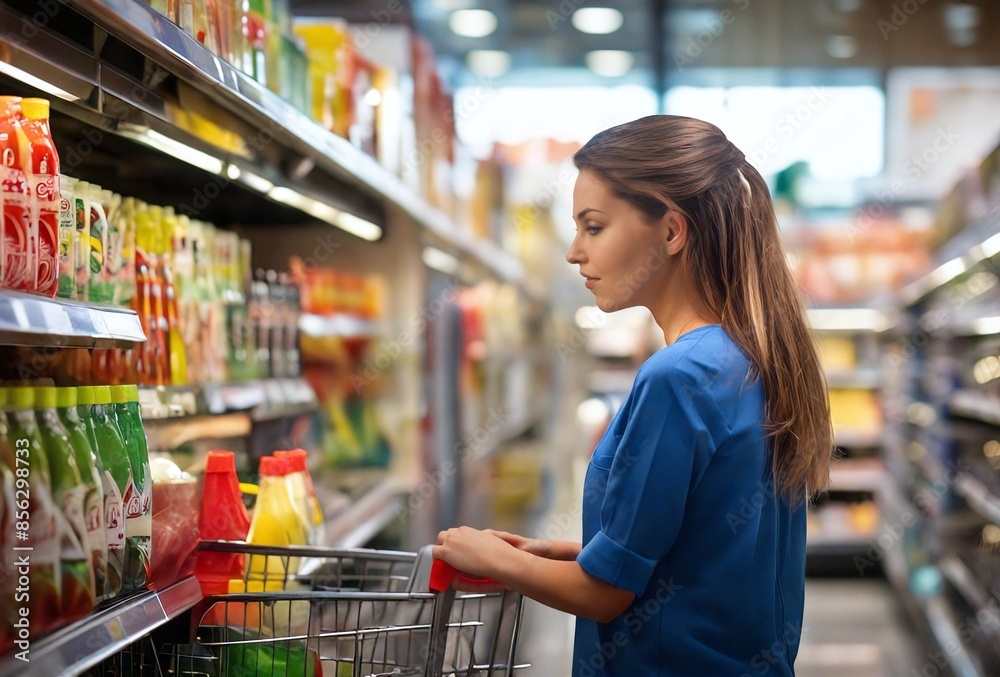 The woman in the blue shirt is shopping for groceries