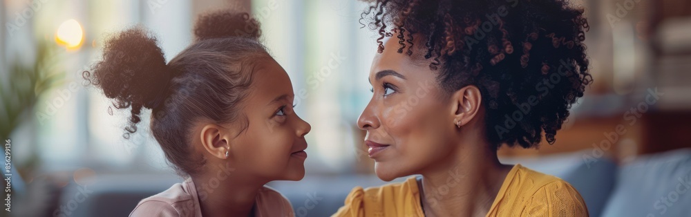 Indoor Conversation: African American Mother and Daughter in Side View Indoor Conversation: African American Mother and Daughter in Side View