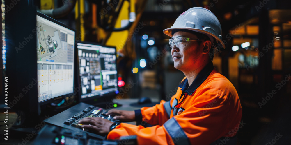 Industrial worker monitoring computer system in nighttime setting Industrial worker monitoring computer system in nighttime setting