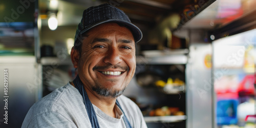 Smiling hispanic food truck owner inside his kitchen