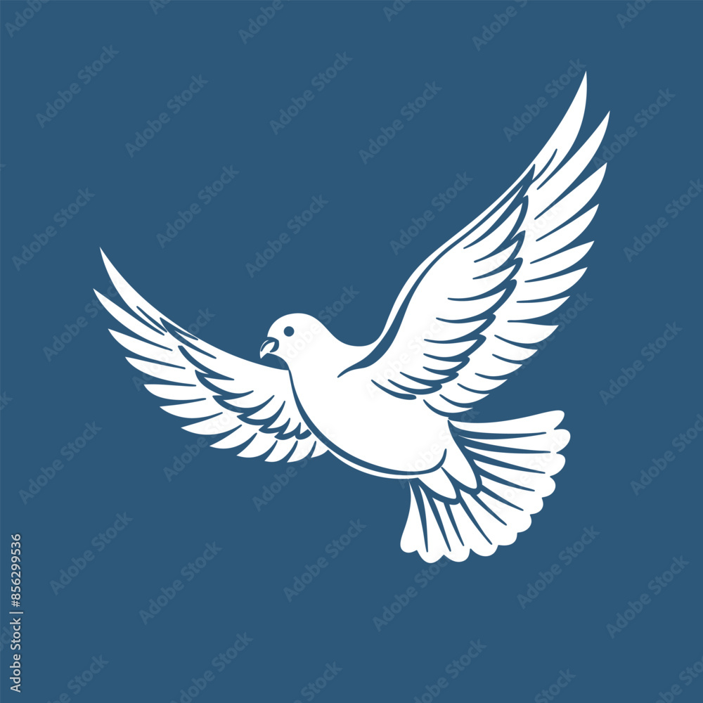 Obraz premium Silhouette of a white dove on a blue sky background. Illustration. Vector