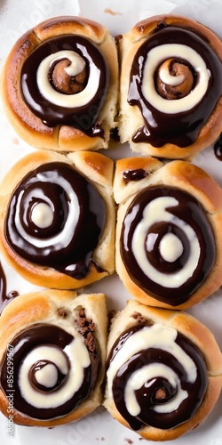 Top down view of delicious cinnamon rolls with rich chocolate glaze. Generated AI. photo