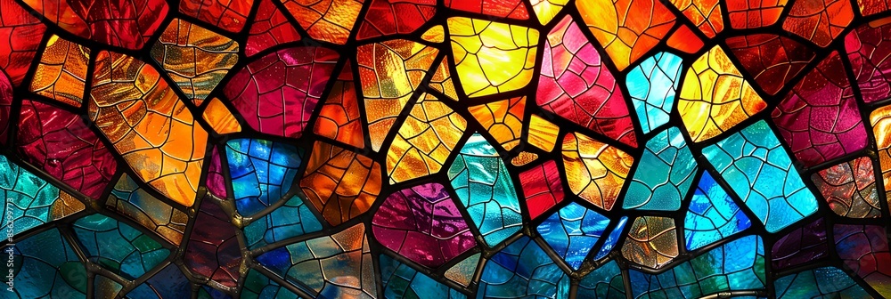 A colorful stained glass window with many different colored pieces. The window is very colorful and has a lot of different colors A colorful stained glass window with many different colored pieces. The window is very colorful and has a lot of different colors