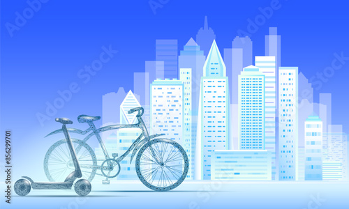 Electric scooter low poly design. Eco micromobility transport last-mile problem solution. Pick up scooter-sharing rental system. E-scooter urban mobility vector illustration