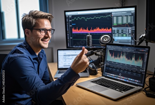 Portrait of young man in front of computer monitors with stock market charts.