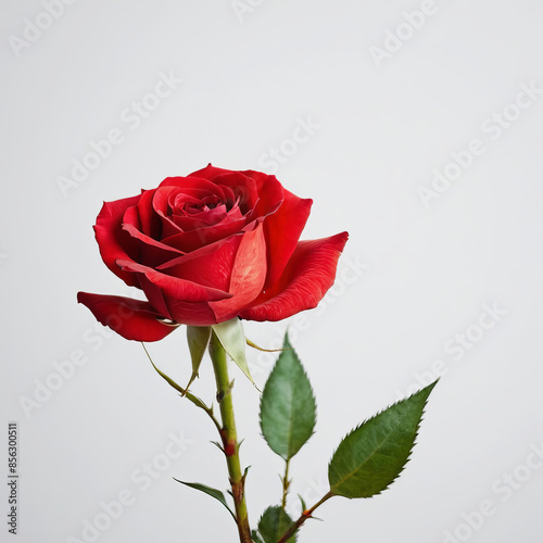 A red rose on a green stalk and white colour background.