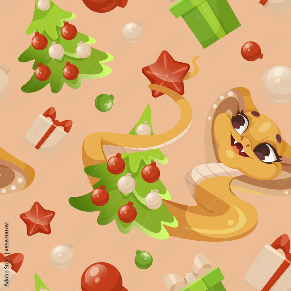 Fototapeta premium Cartoon-style Christmas pattern with a snake, tree decorations, gifts, and ornaments on a soft peach background. Concept of festive holiday celebration. Vector illustration