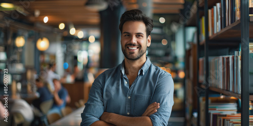 Hispanic businessman smiling confidently in a modern office setting