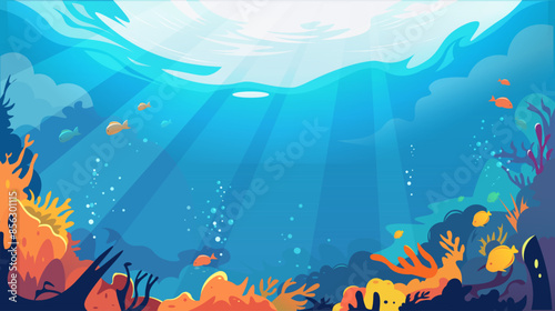 Underwater scene with colorful coral reefs and fish. Cartoon style. Bright blue background. Concept of marine life. Vector illustration